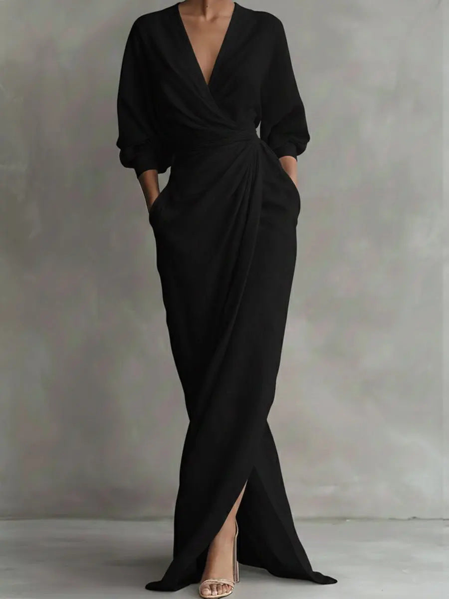 Deep V-Neck Long Sleeve Wrap Ruched High Split Maxi Dress 10