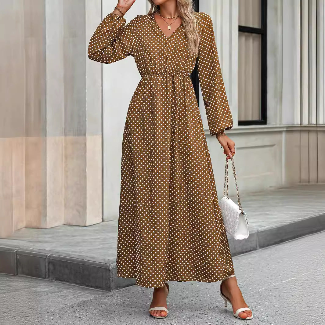 Polka Dot V-Neck Long Sleeve Elastic Waist Maxi Dress