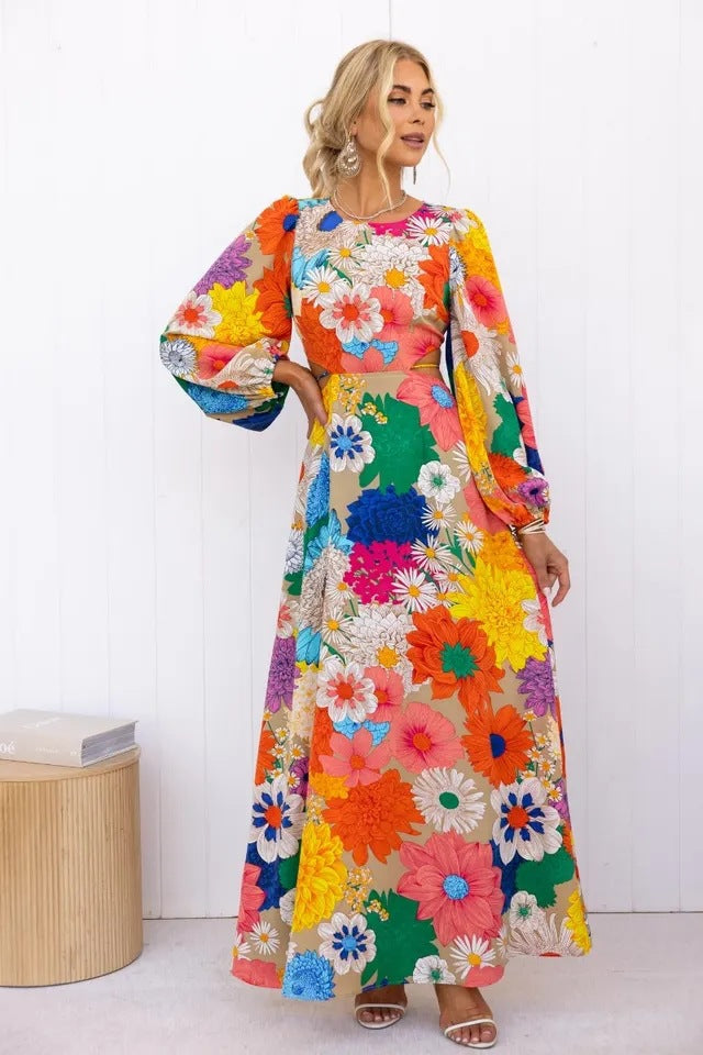 Floral Print Puff Sleeve Cut Out Waist Summer Maxi Dress