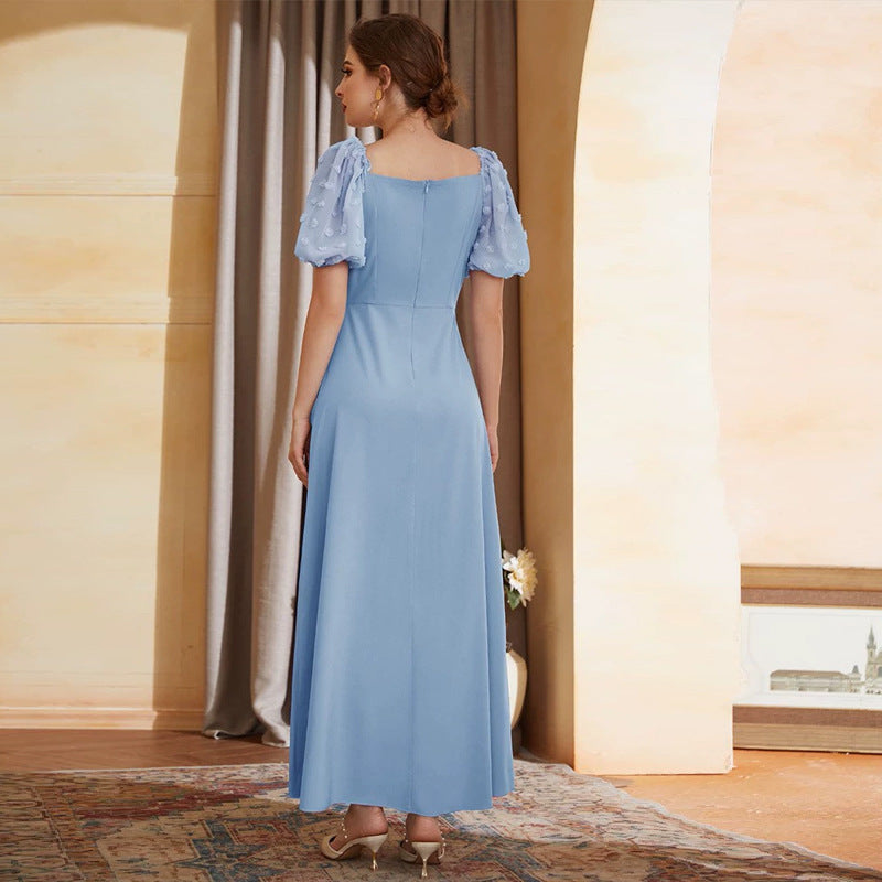 Rose Applique Sweetheart Swiss Dot Puff Sleeve Fit and Flare Maxi Dress