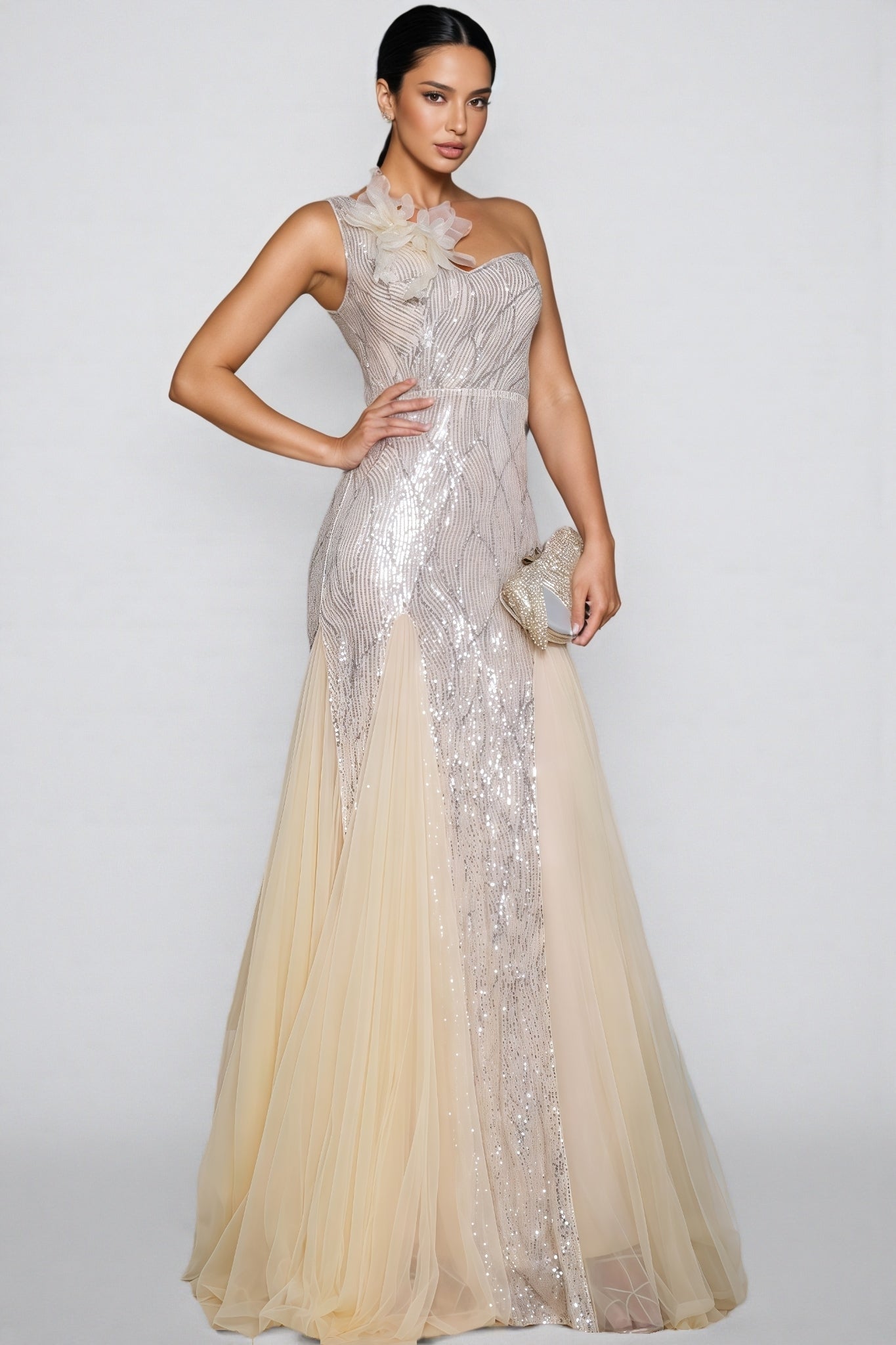 Sequin One Shoulder Floral Applique Tulle Godet Mermaid Maxi Gown