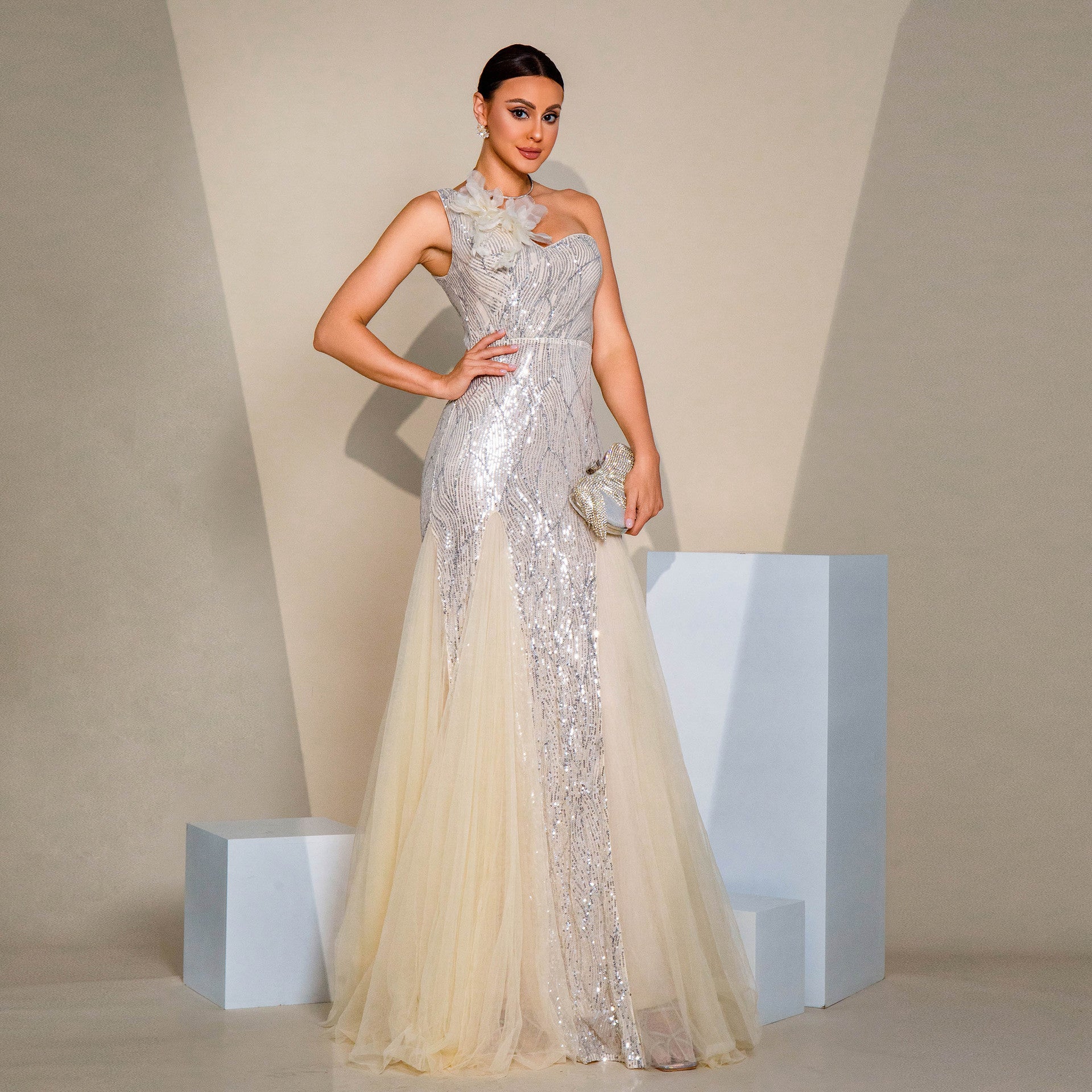 Sequin One Shoulder Floral Applique Tulle Maxi Gown