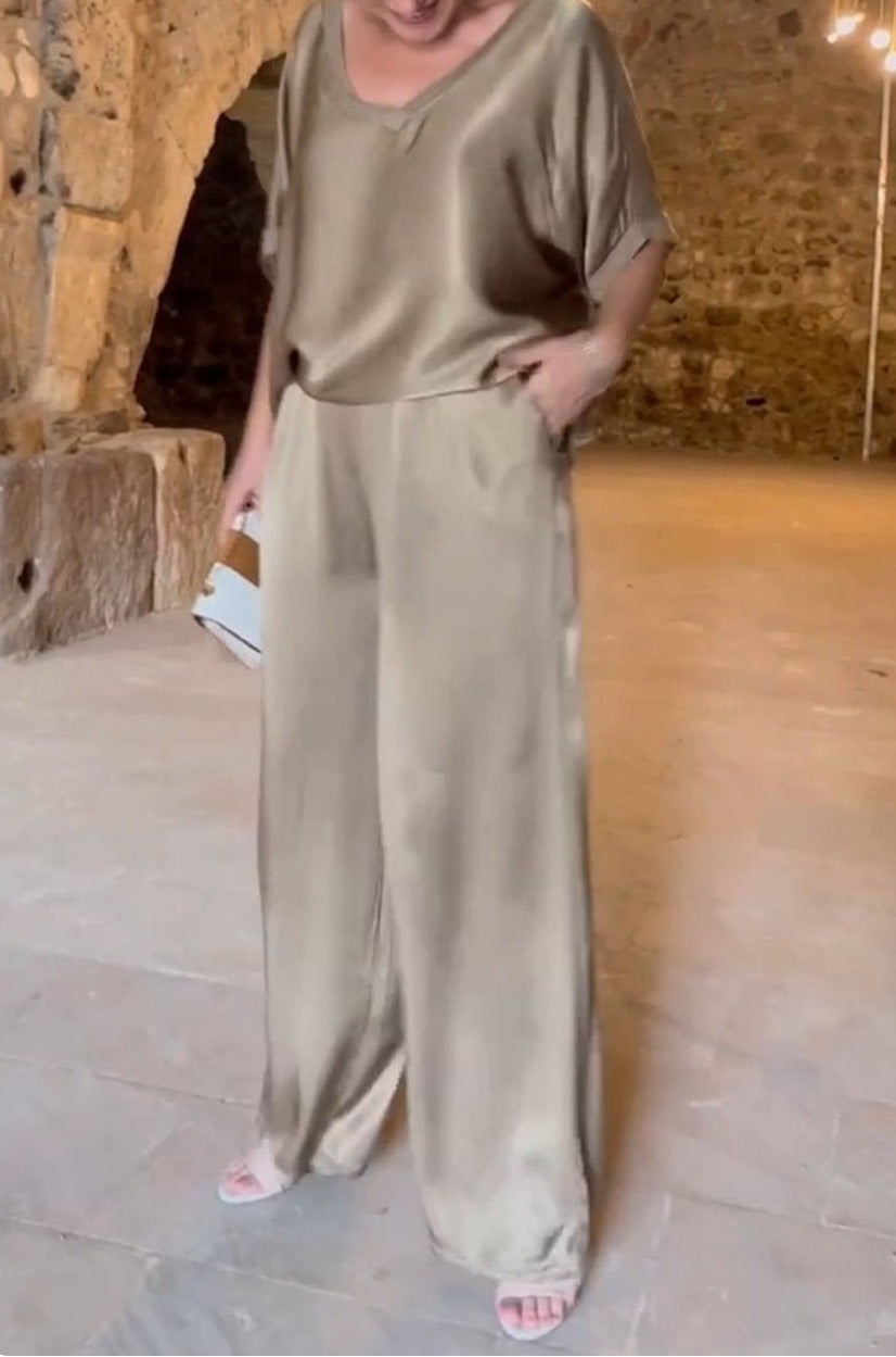 Deep V-Neck Short Sleeve Oversized Wide Leg Two-Piece Set