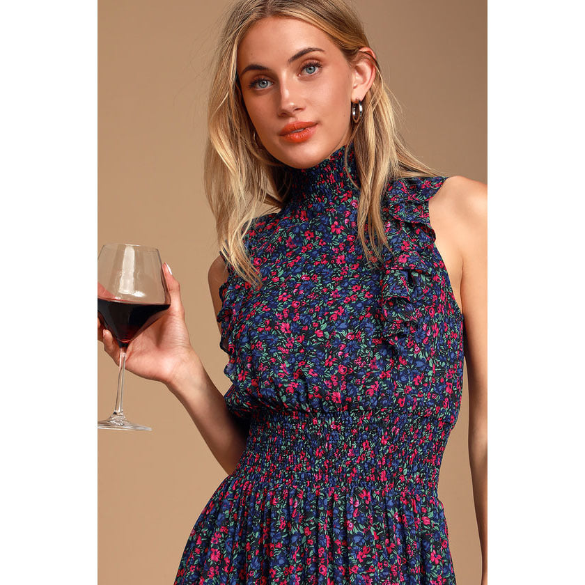 Ditsy Floral Mock Neck Sleeveless Ruffle Trim Smocked Waist Midi Dress 3