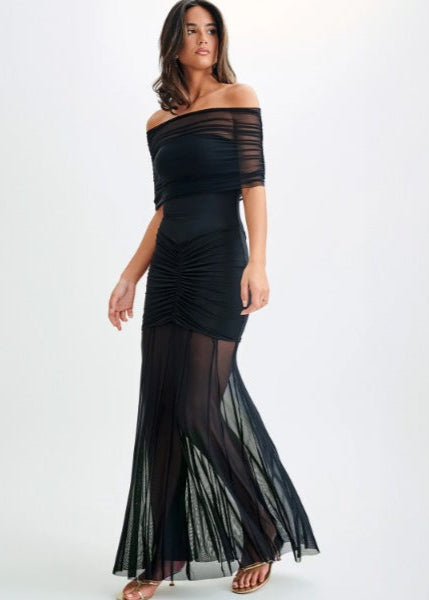 Off Shoulder Ruched Mesh Bust Panel Pleated Mesh Overlay Maxi Gown