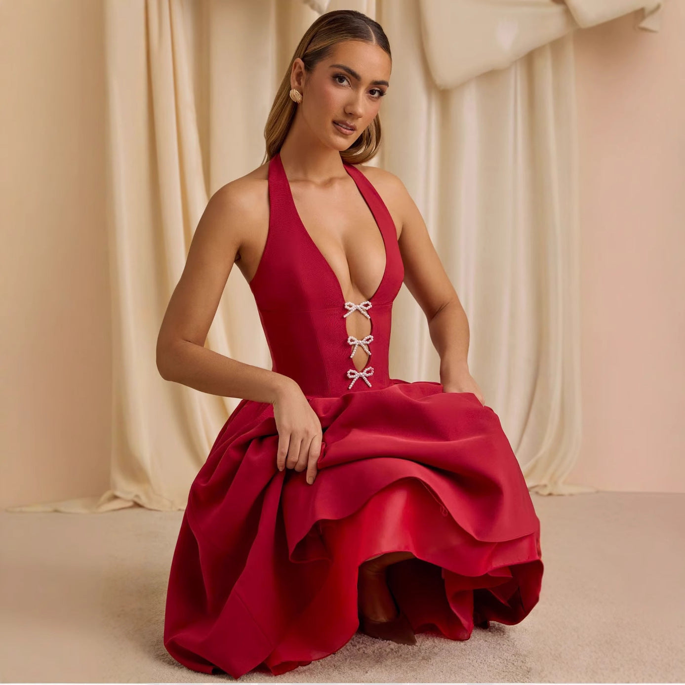 Rhinestone Bow Halter Neck Deep V-Neck Fit and Flare Mini Cocktail Dress