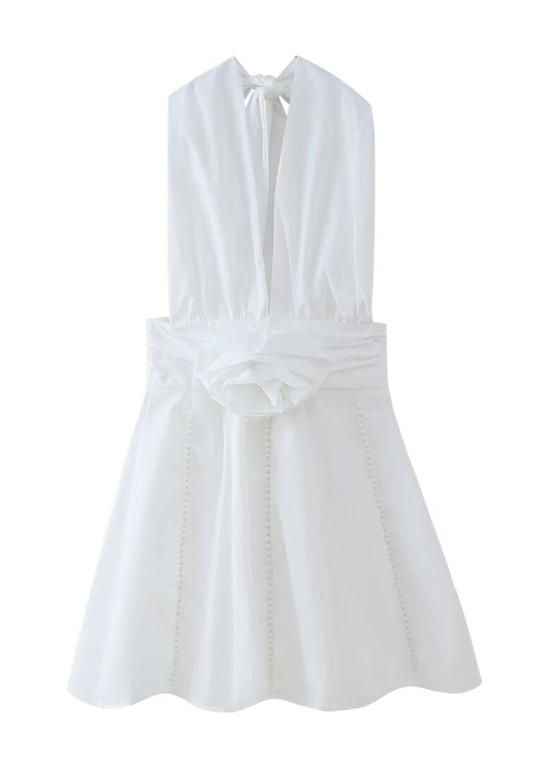 Halter Neck Rose Applique Pearl Trim A-Line Mini Dress
