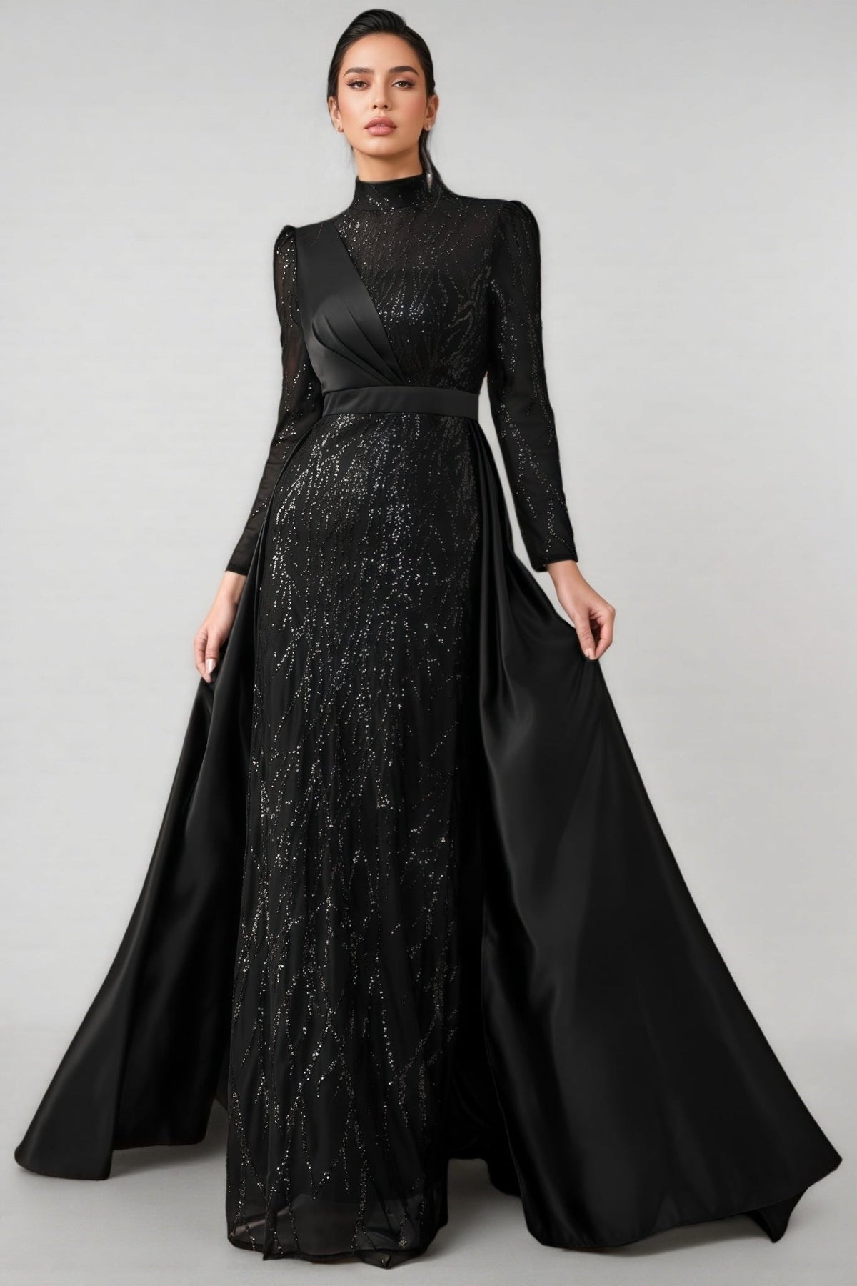 Sequin Mock Neck Long Sleeve Satin Overskirt Maxi Gown