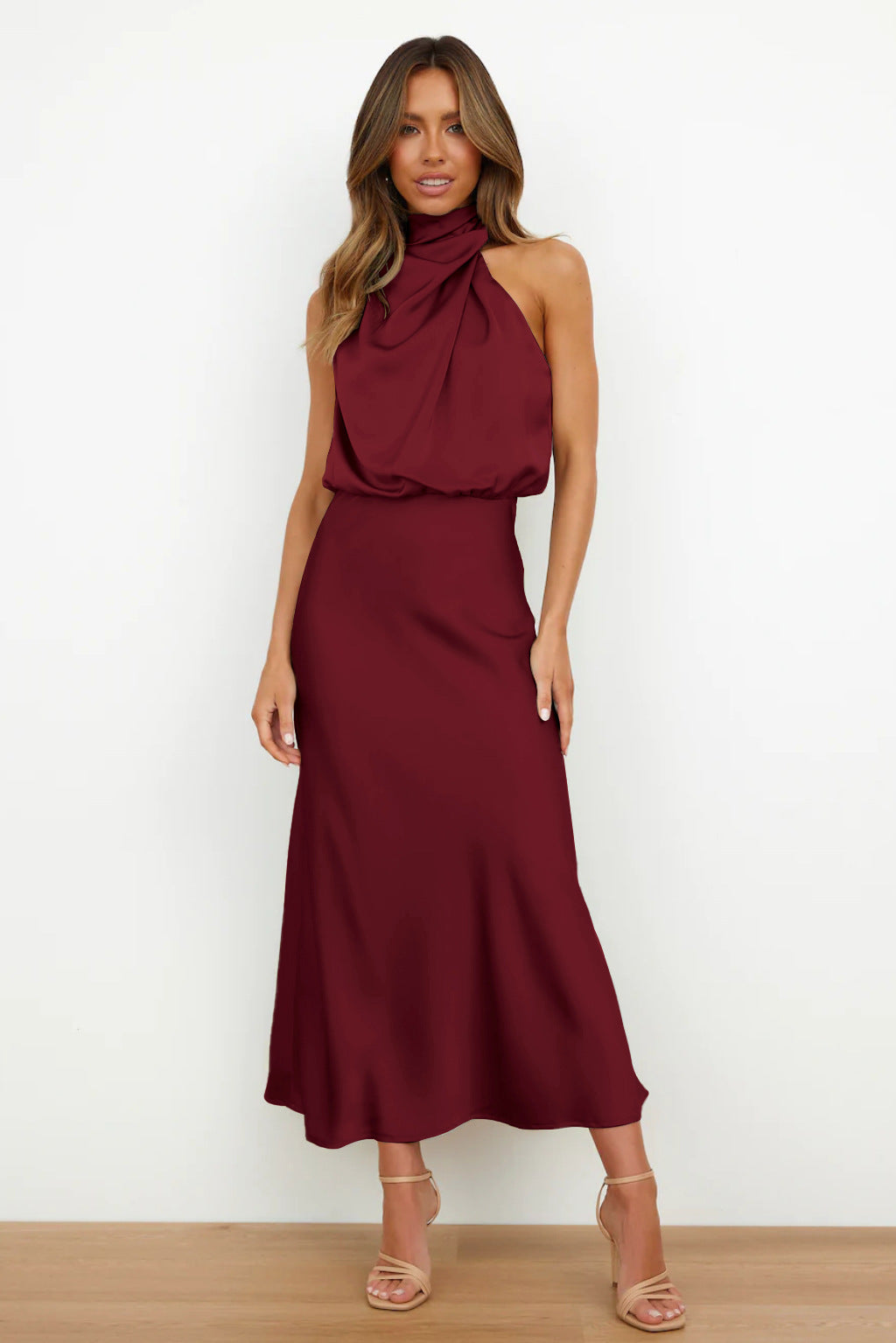 Halter Neck Blouson Bodice Sleeveless Bias Cut Midi Dress