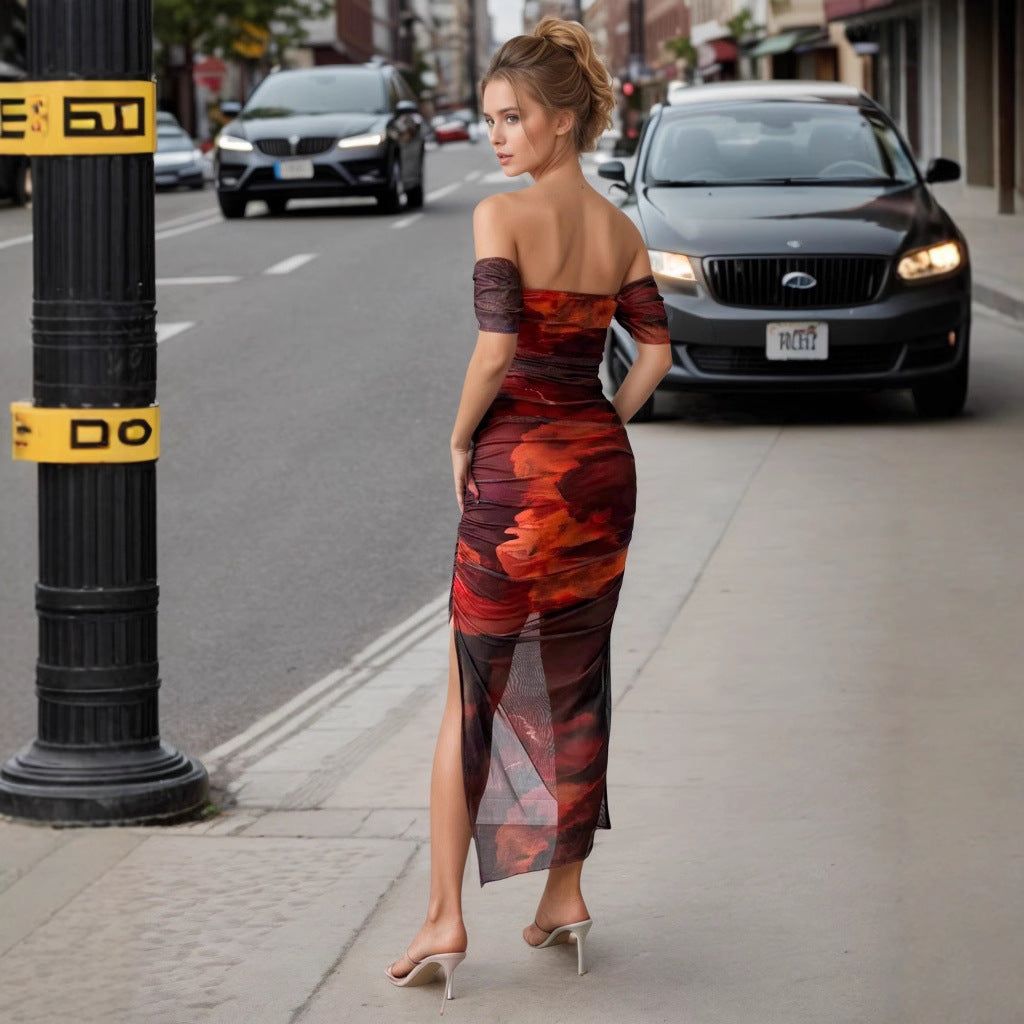 Abstract Print Mesh Off Shoulder Ruched Asymmetric Split Midi Dress 2