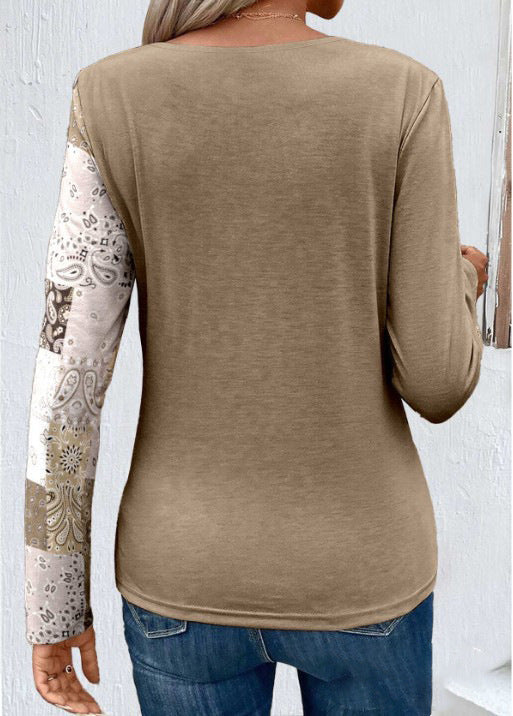 Printed patchwork long-sleeved knitted T-shirt