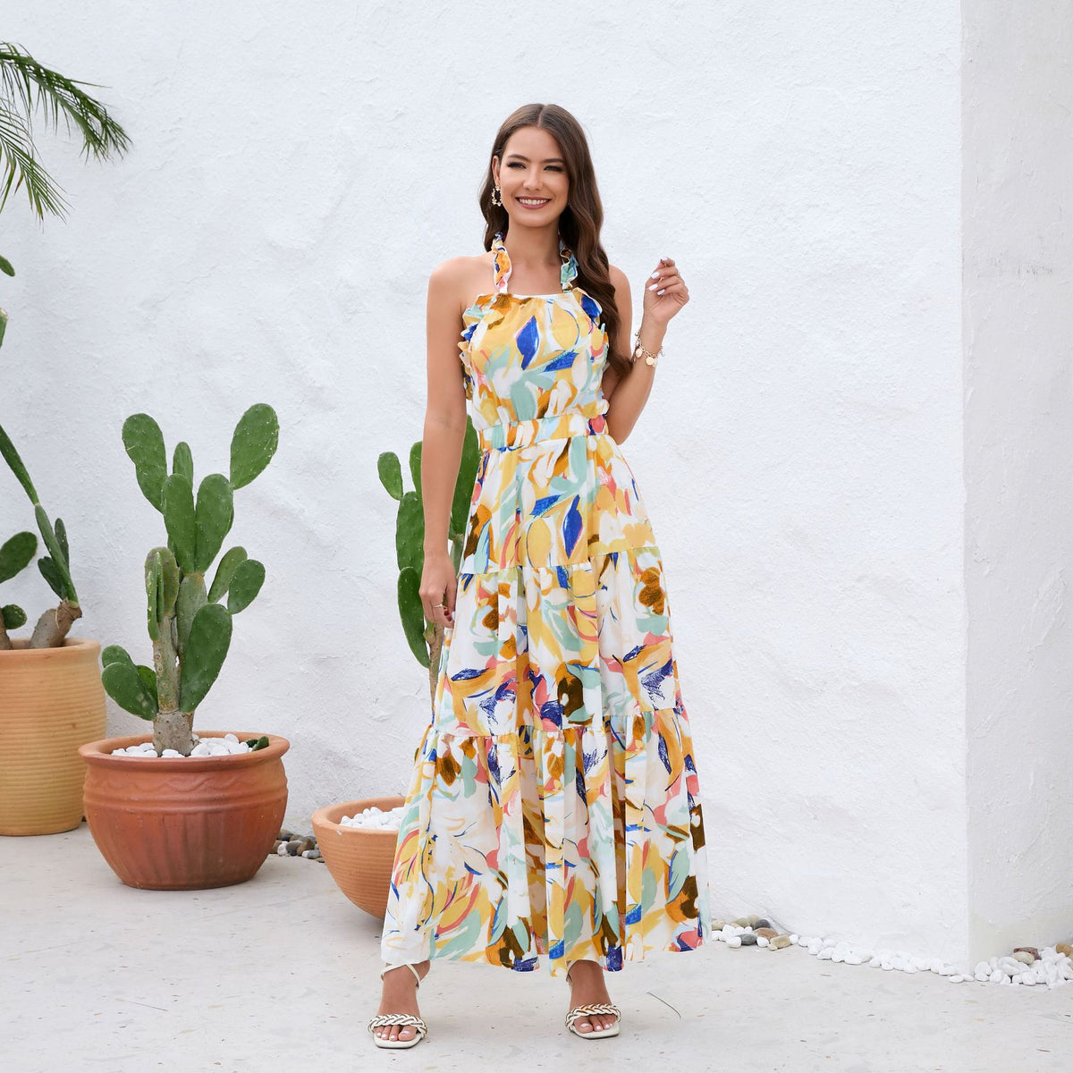 Spring Summer Independent Design Halter Ruffled Sleeveless Backless Fresh Printed Dress