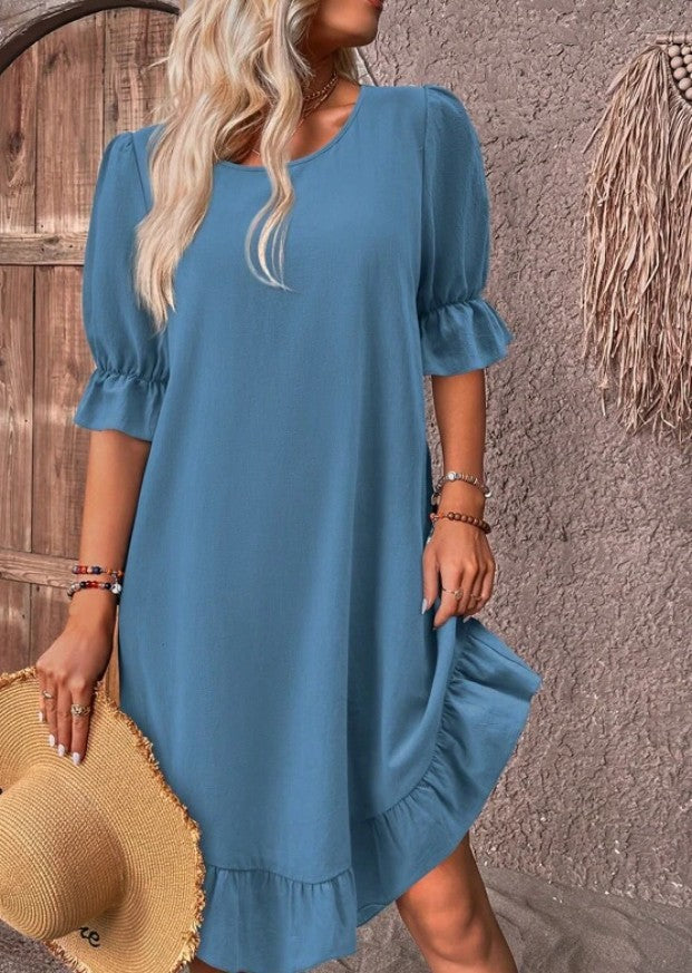 Round Neck Puff Sleeve Ruffle Hem Shift Dress