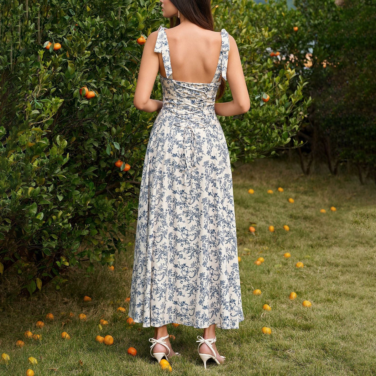 Floral Print Tie Strap Corset Bodice Sweetheart Neck A-Line Maxi Dress 2