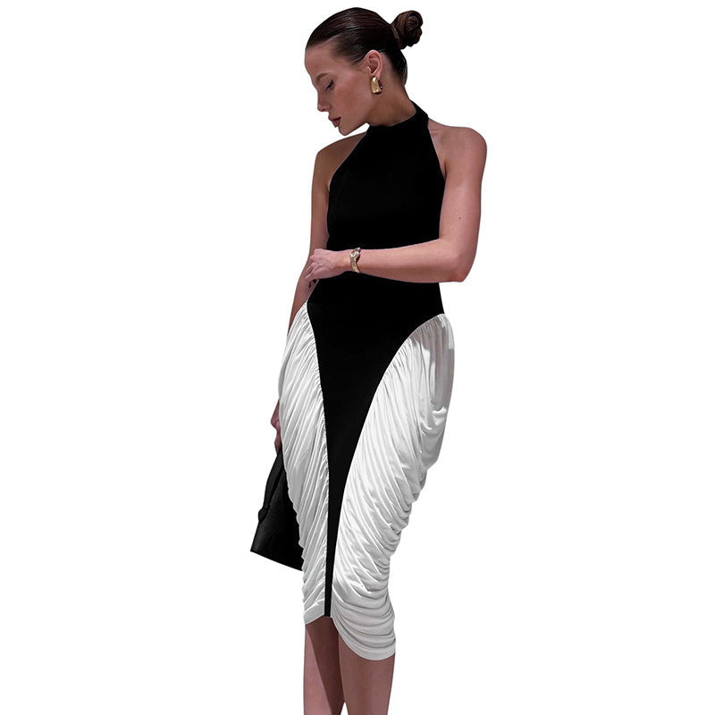 Halter Neck Ruched Draped Asymmetric Bodycon Midi Dress