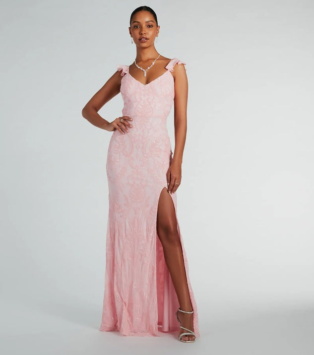Sequin V-Neck Flutter Strap High Split Bodycon Maxi Gown - View 3