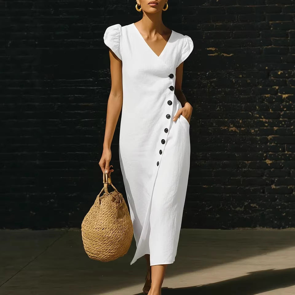 V-Neck Cap Sleeve Side Button Linen Midi Dress 2
