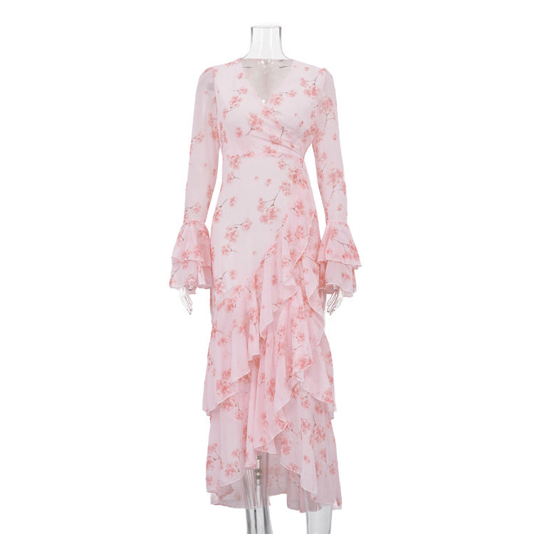 Floral Print Wrap V-Neck Ruffle Bell Sleeve Ruffle Hem Maxi Dress 2