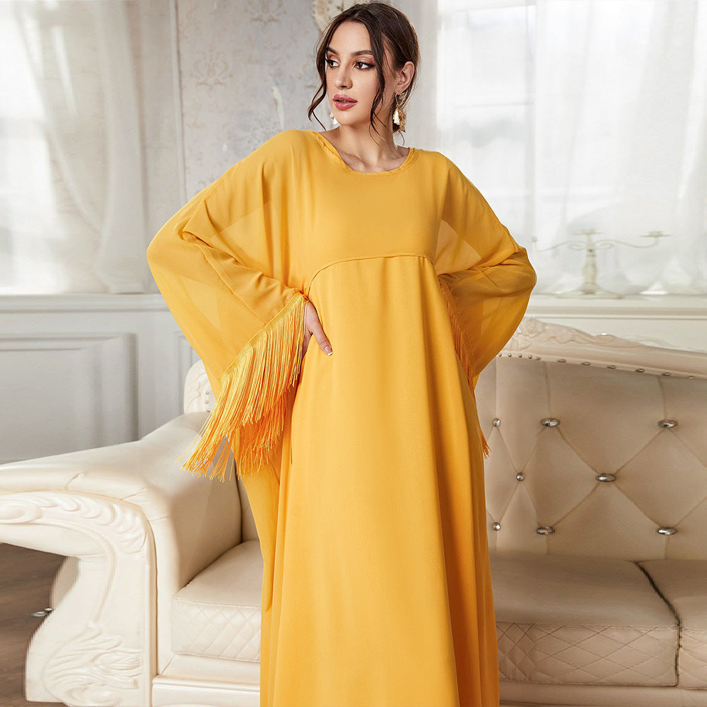 Fringe Trim Wide Sleeve Layered Kaftan Maxi Dress