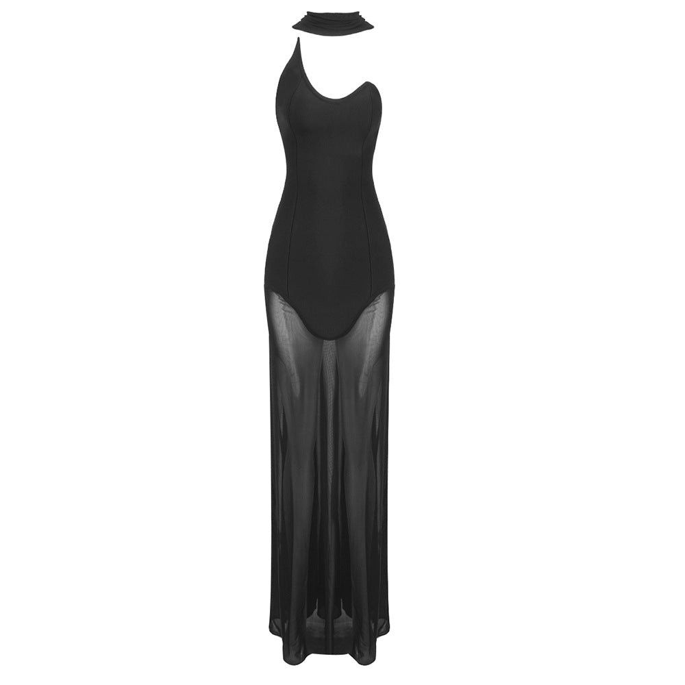 Strapless Scalloped Peplum Scarf Neck Mermaid Train Maxi Gown 5