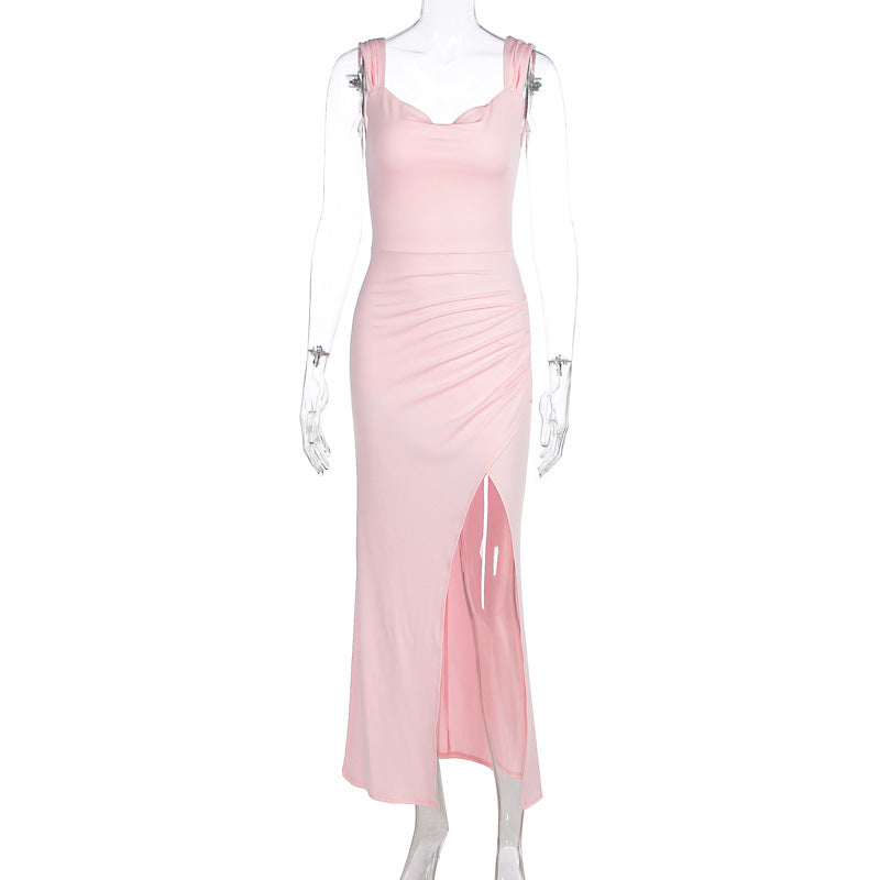Cowl Neck Wide Strap Ruched Wrap High Split Maxi Dress 2