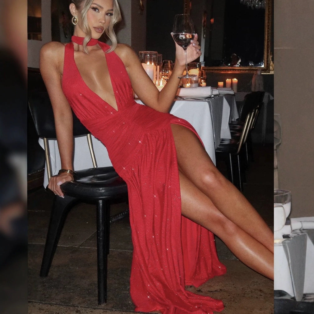 Deep V-Neck Halter Ruched High Split Glitter Maxi Dress