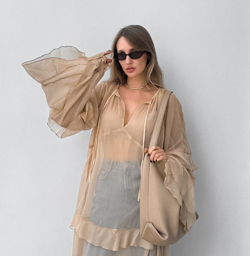 Sheer Tiered V-Neck Tie Neck Long Flared Ruffle Sleeve Maxi Dress