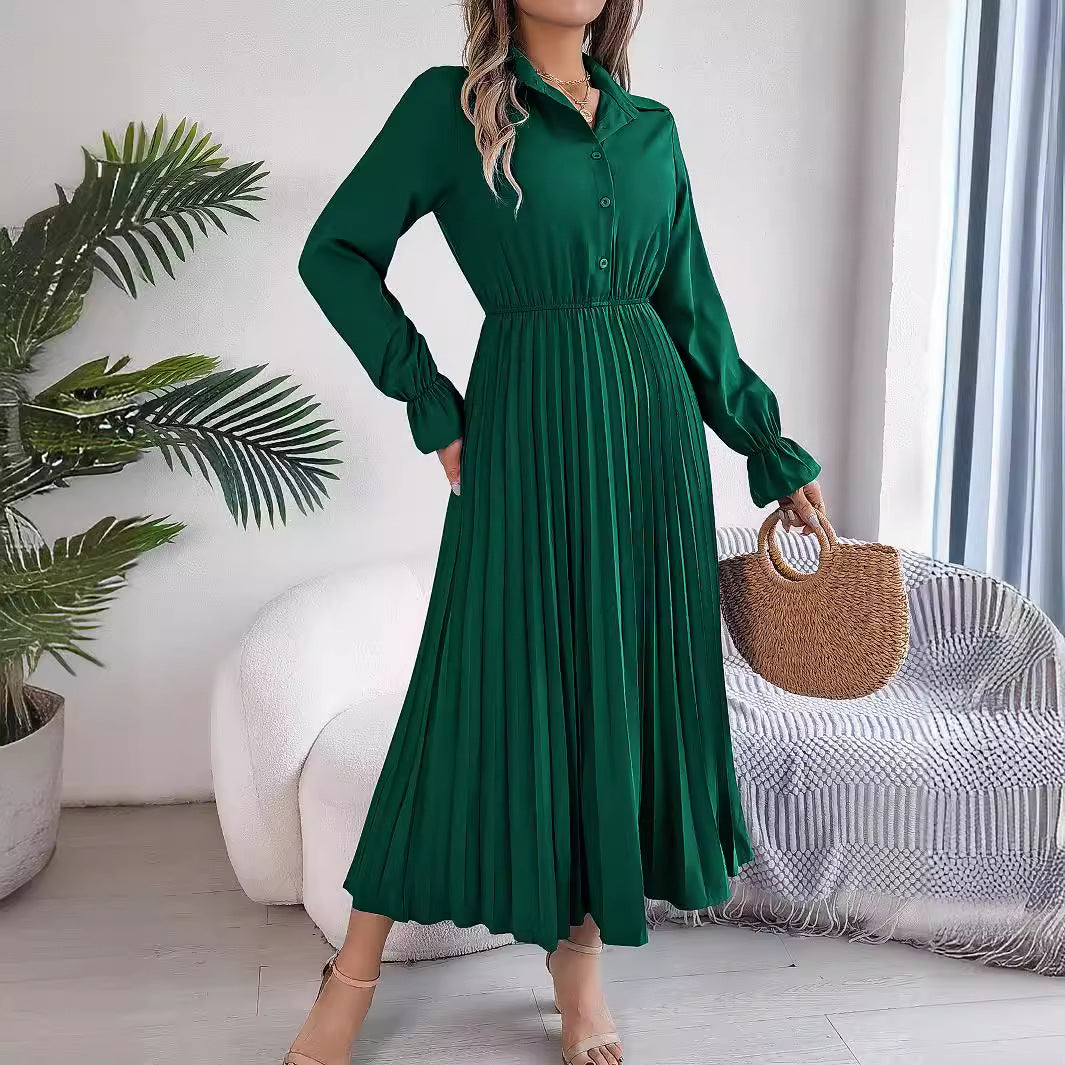 Collared Button Front Ruffle Cuff Long Sleeve Pleated Midi Shirt Dress