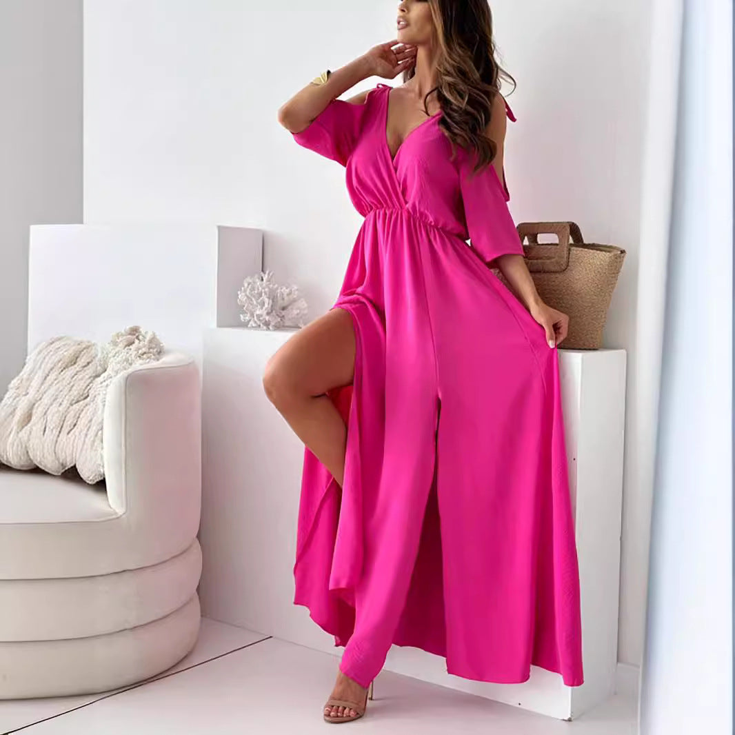 Wrap V-Neck Cold Shoulder Half Sleeve High Split Maxi Dress