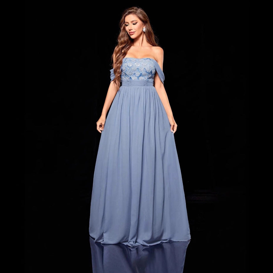Off Shoulder Lace Bodice Pleated Chiffon A-Line Maxi Dress