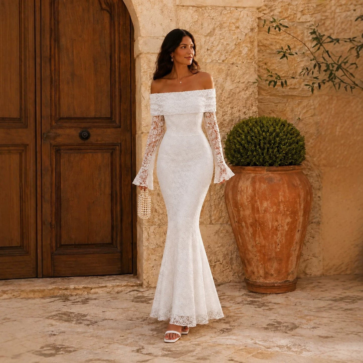 Off Shoulder Lace Long Sleeve Slim Fishtail Dress Bride Wedding Dress