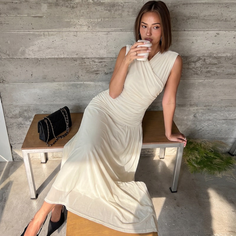 Sleeveless Ruched Surplice V-Neck Mesh Maxi Dress 2