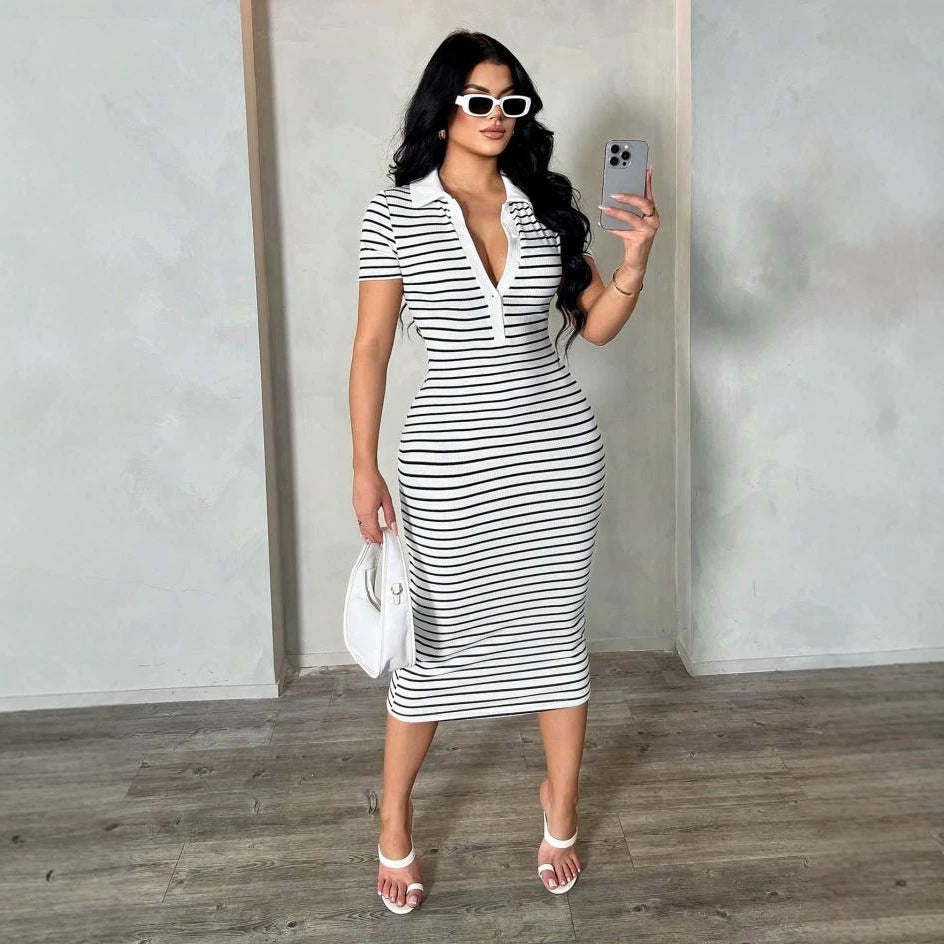Polo Collar Striped Slim Fit Sheath Mid Length Sexy Dress
