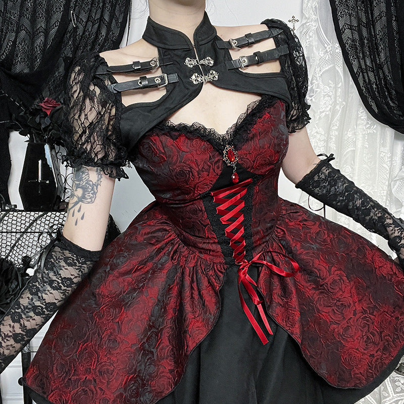 Rose Jacquard Lace Up Corset Layered Mini Dress