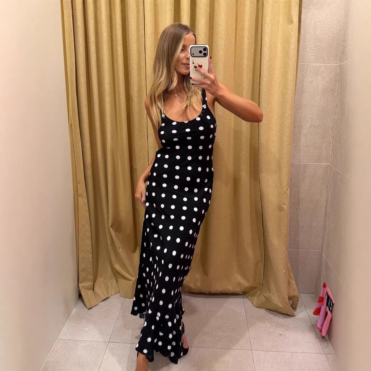 Summer Dress Polka Dot Printed Waist Controlled Sheath Sexy Ruffled Maxi Dress
