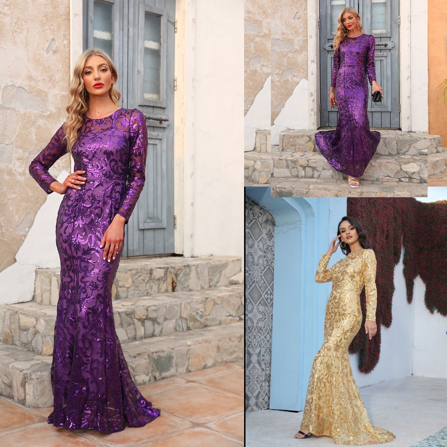 Sequin Round Neck Long Sleeve Mermaid Maxi Gown