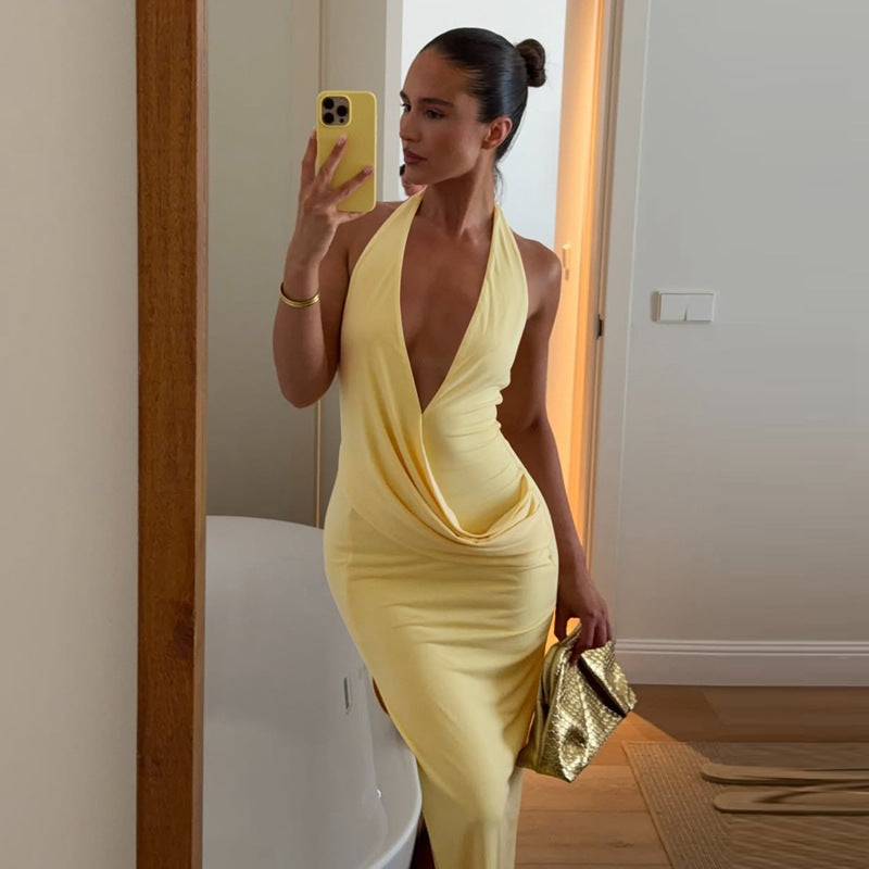 Women Clothing Summer Sexy Low Cut Deep V Plunge neck Halter Strap Backless Slit Dress