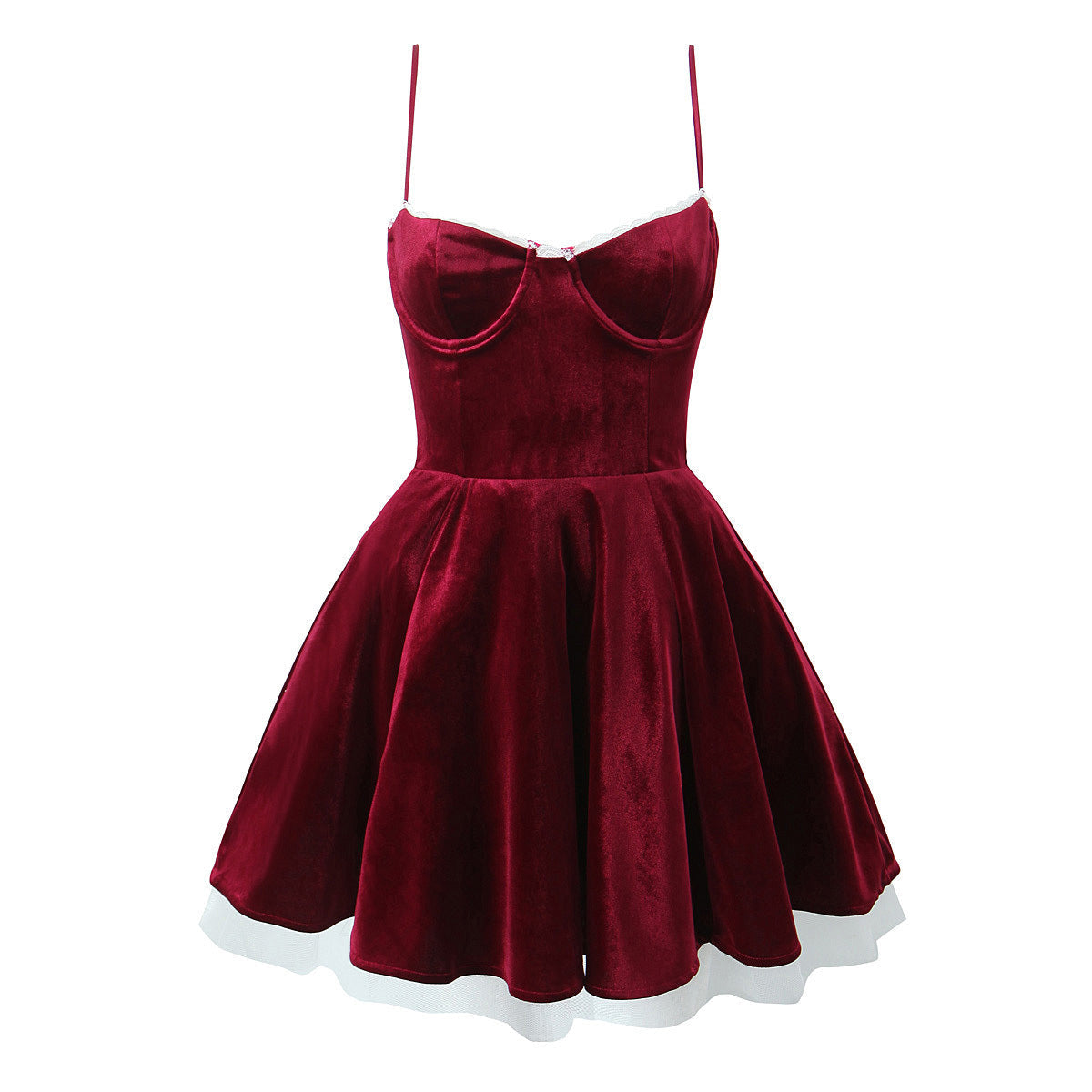 Velvet Lace Trim Spaghetti Strap Bustier Fit and Flare Mini Dress - View 2