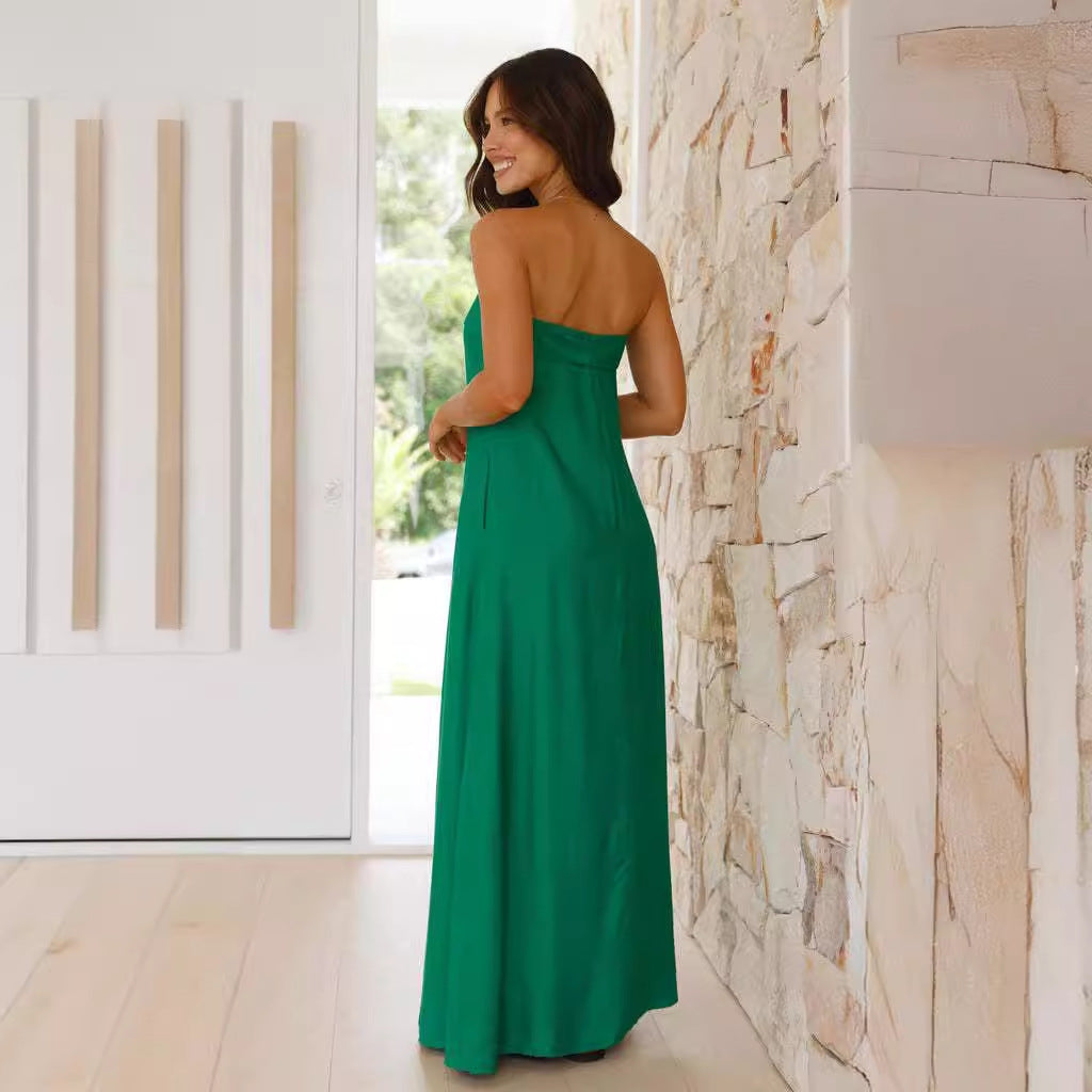 Strapless Fold Over Bandeau Neck Straight Column Maxi Dress 2