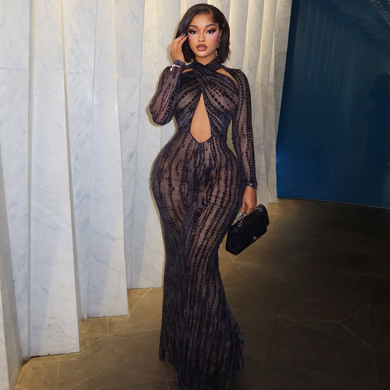 Sheer Mesh Print Twist Halter Keyhole Cut Out Long Sleeve Mermaid Maxi Dress