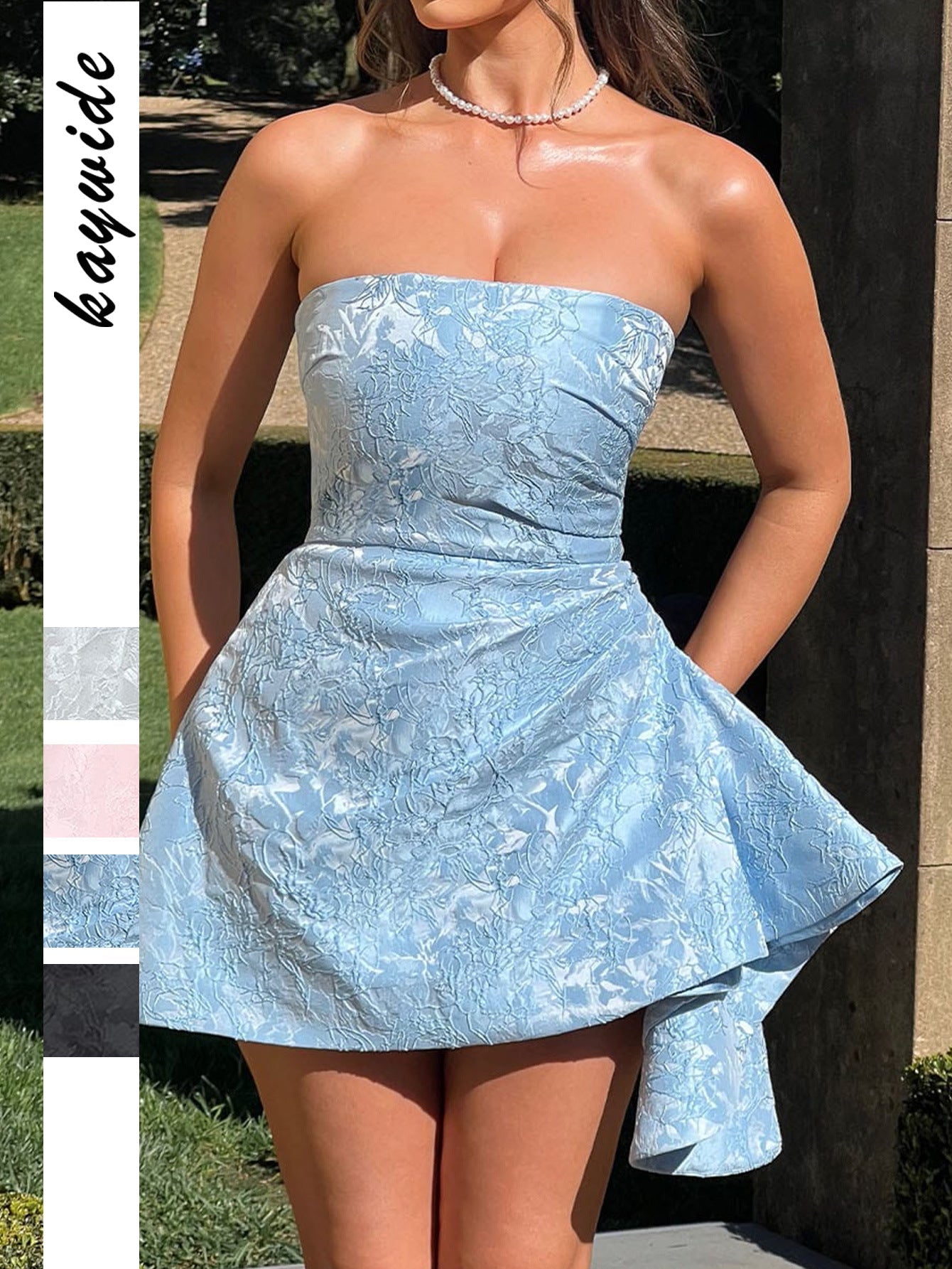 Floral Jacquard Strapless Asymmetric Hem Fit and Flare Mini Dress