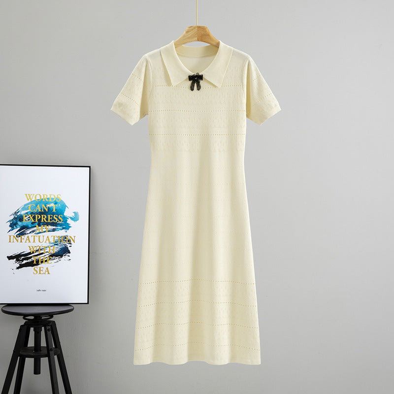 Pointelle Knit Collared Bow Detail Short Sleeve Midi Dress