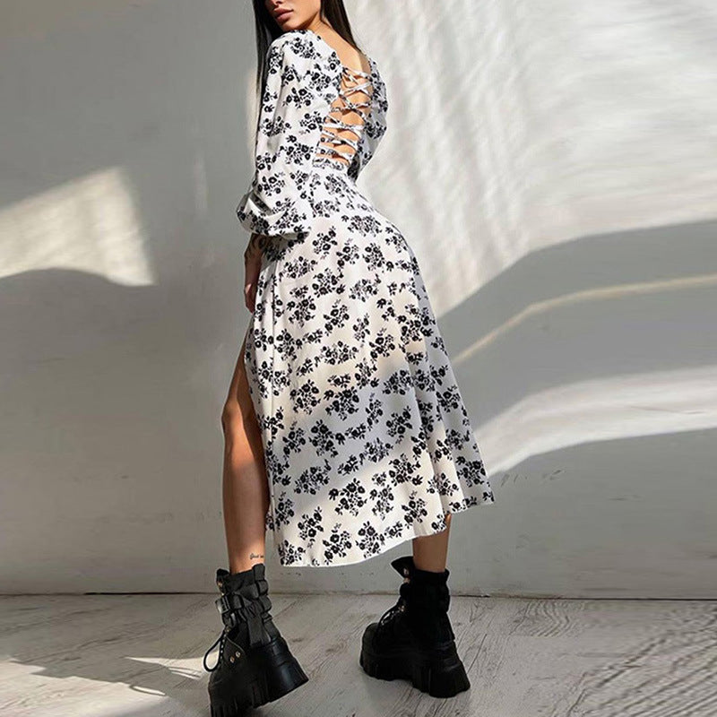 Early Autumn Women Clothing Street Sexy Slit Midi Dress Casual Dress