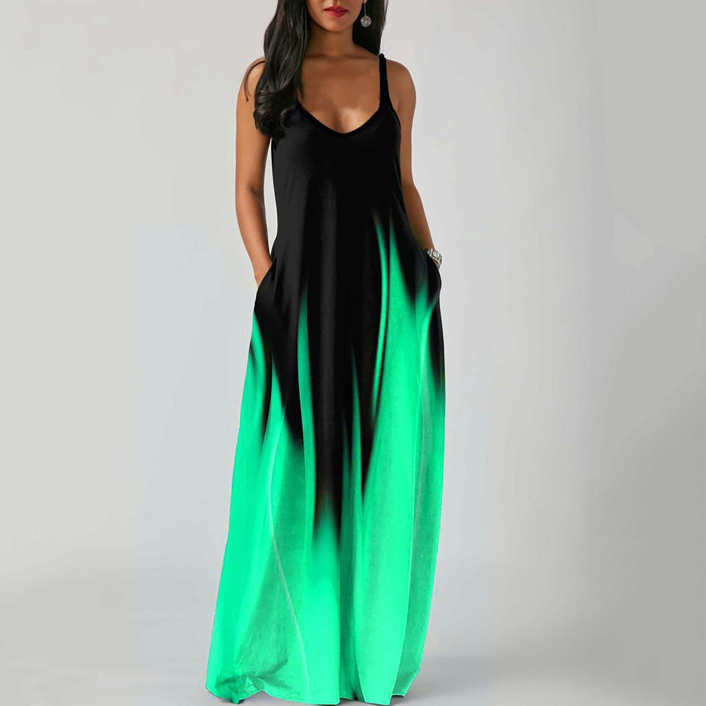 V-Neck Spaghetti Strap Ombre Pocket Loose Maxi Dress 13