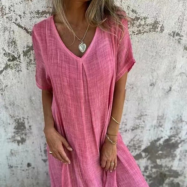 Gauze Deep V-Neck Short Sleeve Box Pleat Midi Dress
