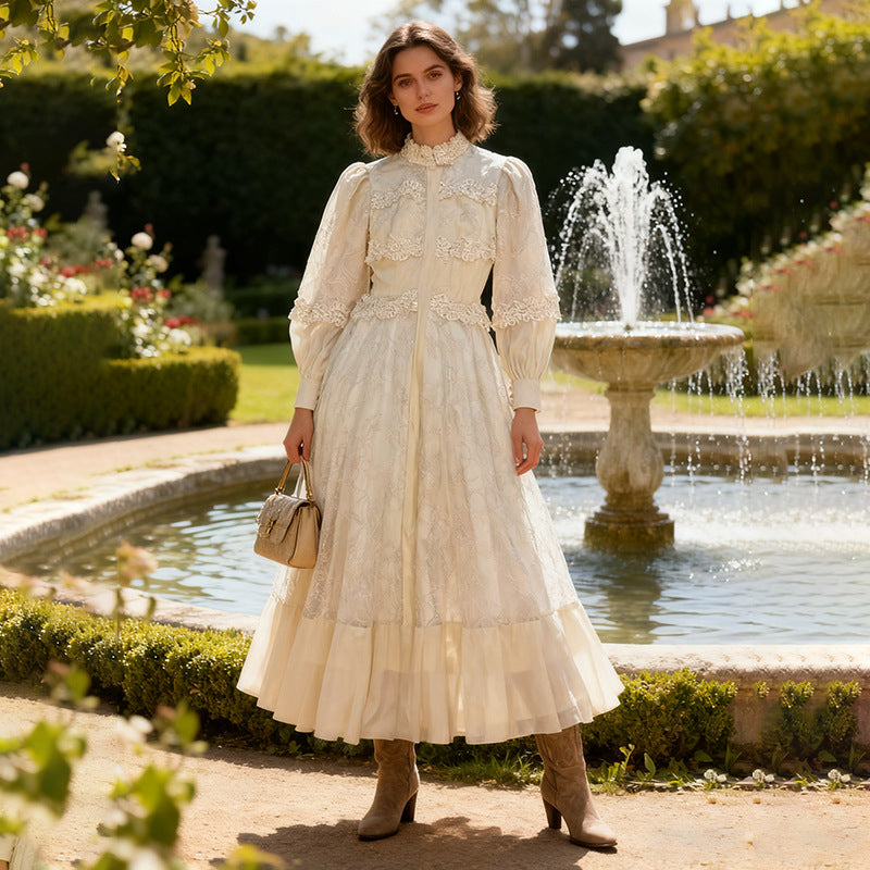 Women Clothing Elegant Stitching Long Sleeve Dress Autumn High Grade Waist Slimming Lace Dress
