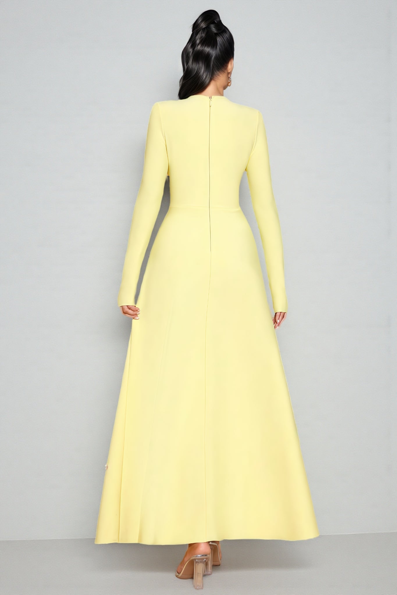 Long Sleeve Crew Neck Beaded Floral Applique A-Line Maxi Gown