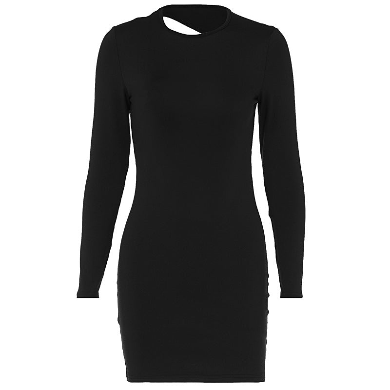 Women Clothing Summer Solid Color round Neck Backless Slim Fit Hip Bag Dress Sexy