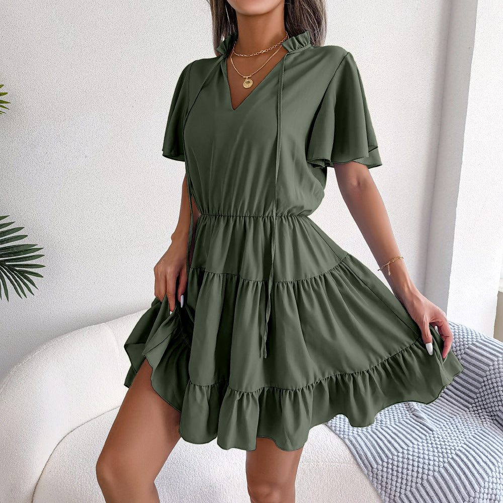 Tie Neck V-Neck Flutter Sleeve Tiered Ruffle Hem Mini Dress 4
