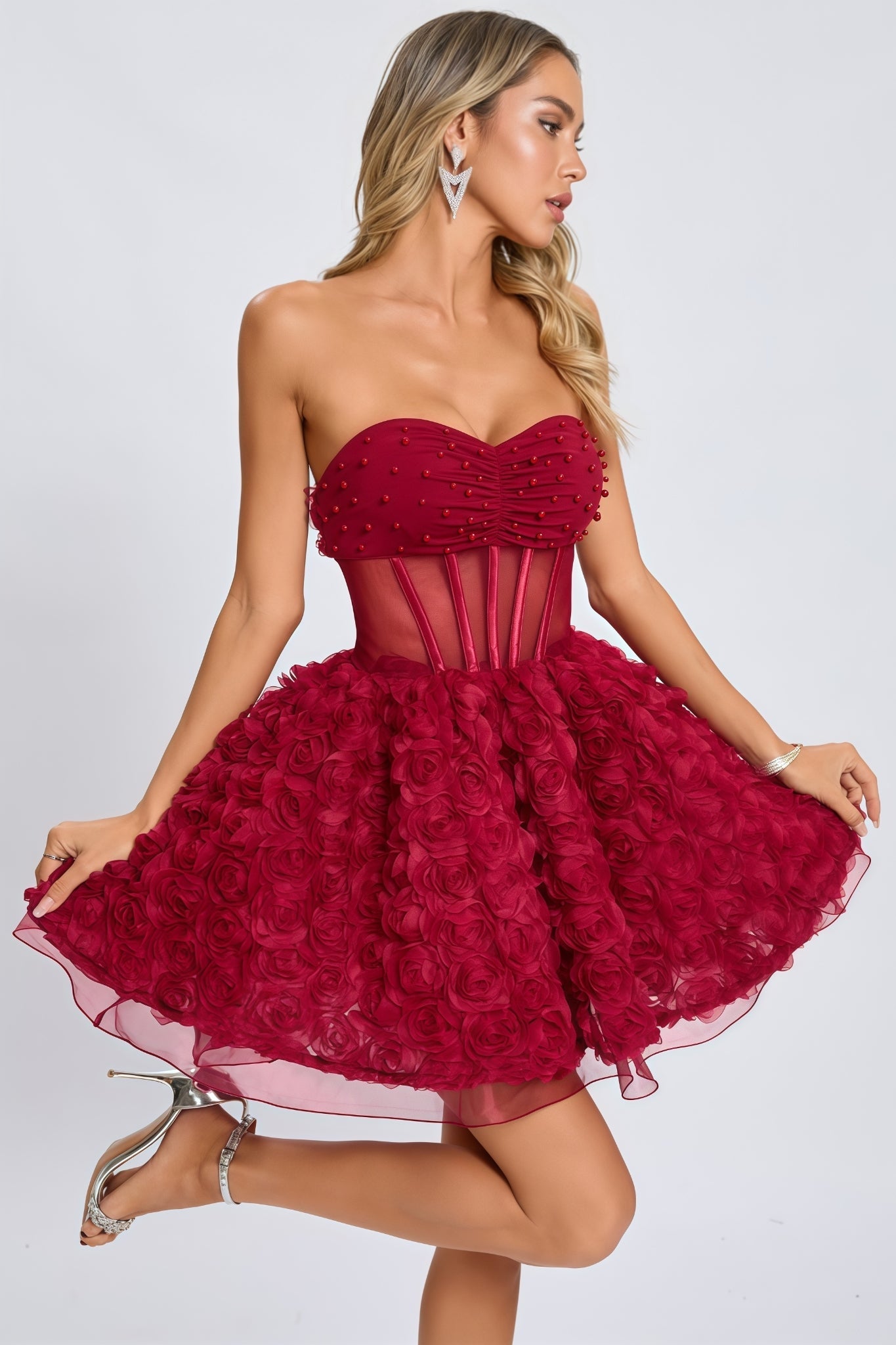Beaded Strapless Corset 3D Rose Tulle Mini Dress